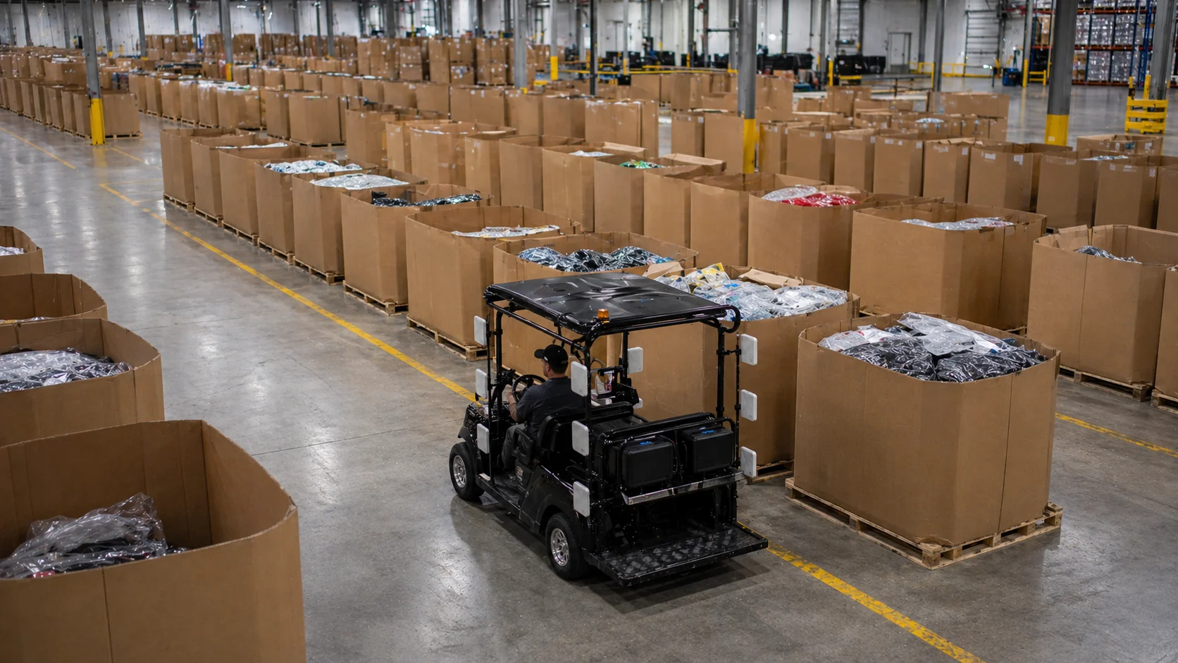 RFID scanning cart moving beside organized unlabeled inventory boxes in a clean warehouse aisle.