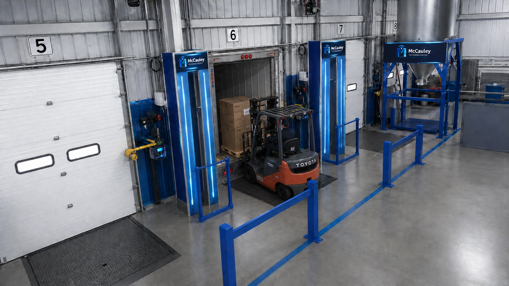 Clean warehouse dock checkpoint with RFID reader panels and unlabeled palletized boxes moving through a controlled lane.